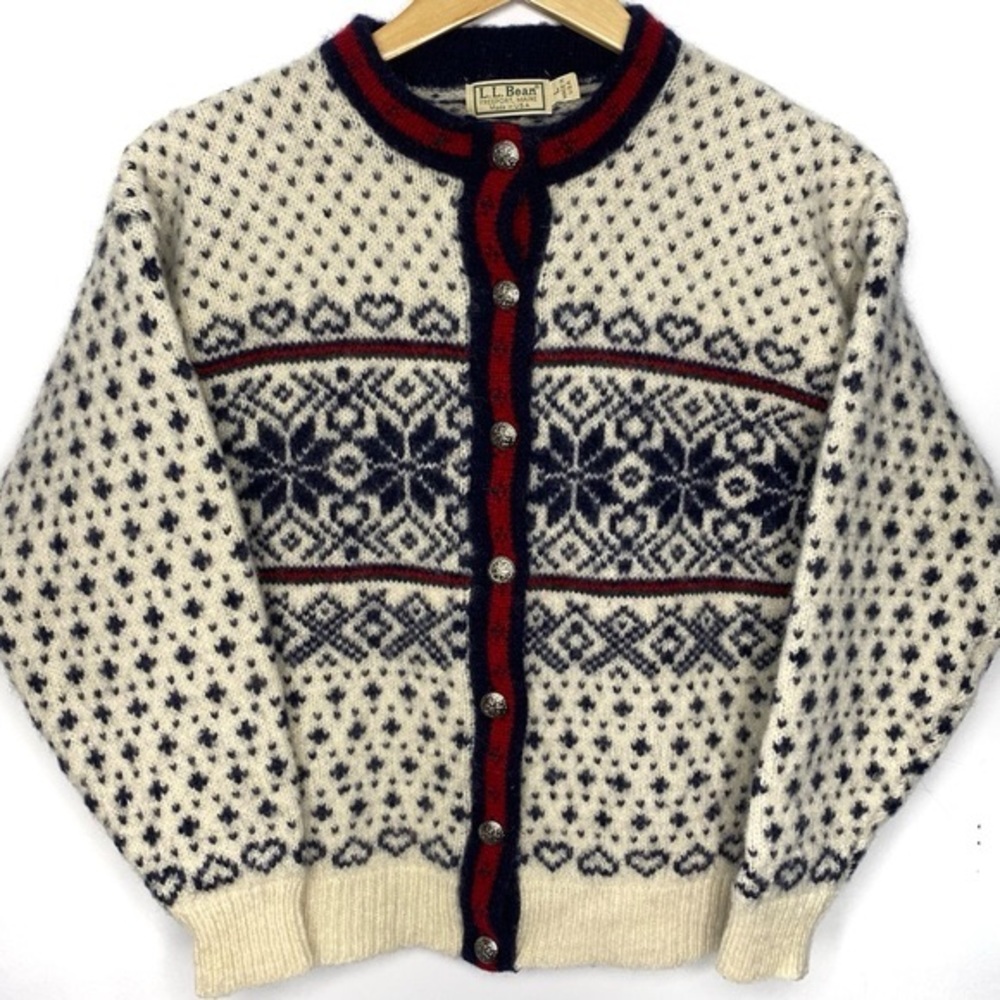 L.L. Bean Cream, Navy & Red Nordic Wool Cardigan